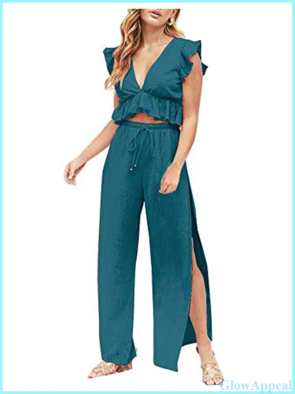 Women's 2 Piece Crop Top Wide Leg Pants Set Frill Detail
